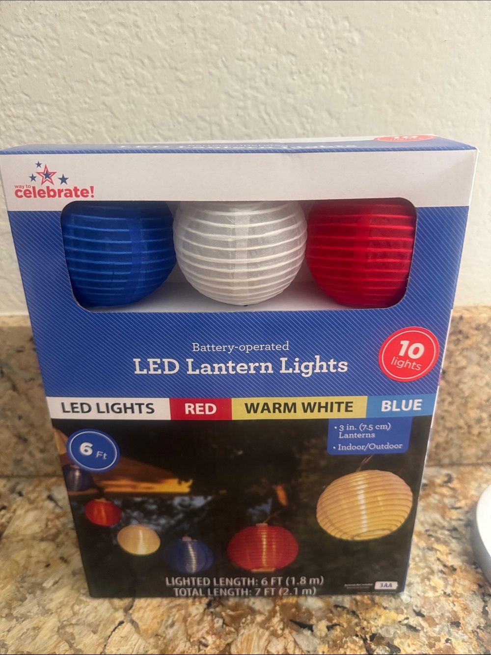 Patriotic Red, White, and Blue 10 LED Lantern Lights - Battery Operated